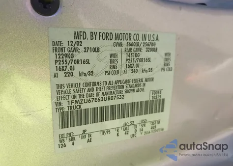 2003 Ford Explorer Sport Trac Xls/Xlt z USA, uszkodzony, nr VIN 1FMZU67E63UB07532